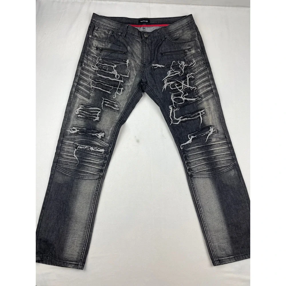 Makobi Denim Co Distressed Moto Jeans Mens 36x32 Faded Black Biker Distressed - Picture 1 of 7